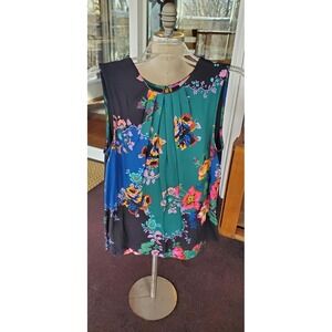 Vanessa Virginia by Anthropologie Colorblock Floral Pleated Neck Tank Top M